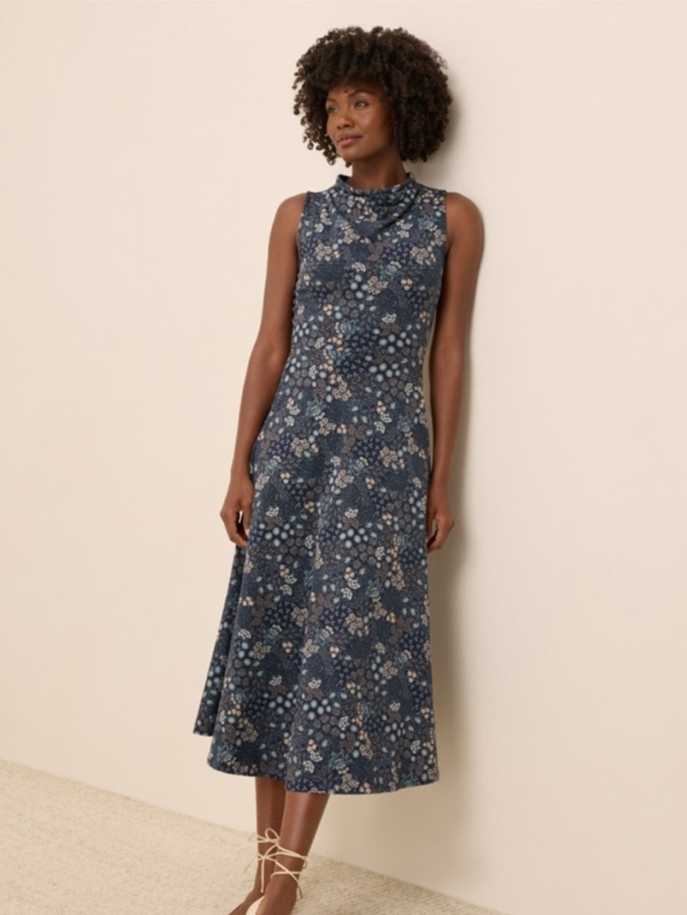 NWT Pact Organic Mountain Meadow Midnight Blue Fit & Flare Cowl Neck Dress - S